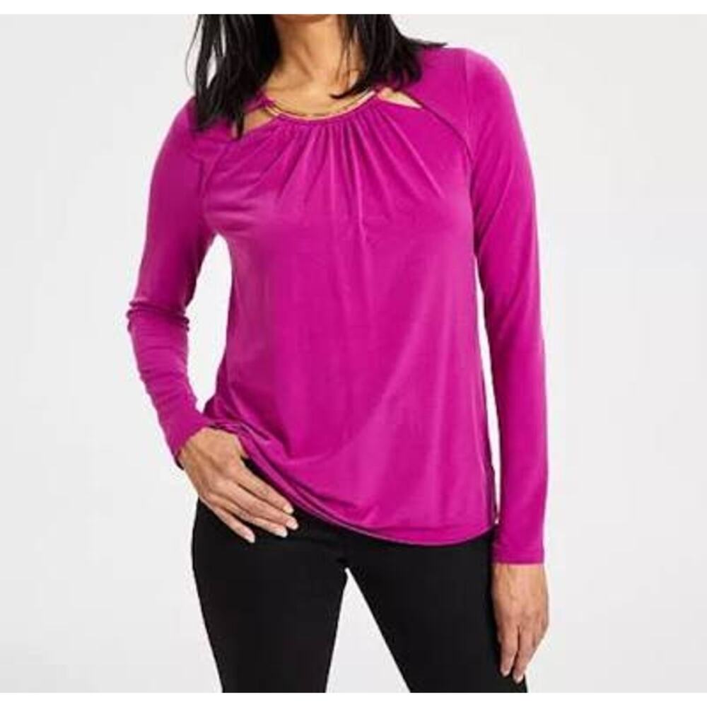 Womens Gold Hardware Cutout Top Relaxed Fit Fuchsia Blouse Cocktail Size XL